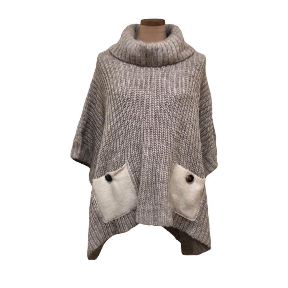 Anthropologie Neutral Taupe Cream Ribbed Turtleneck Poncho with Pockets